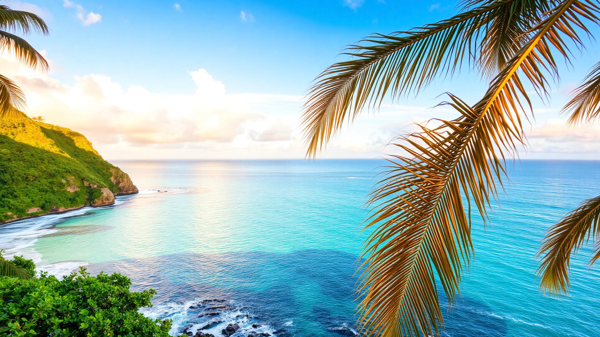 Turquoise tropical coastline at golden hour framed by palm fronds